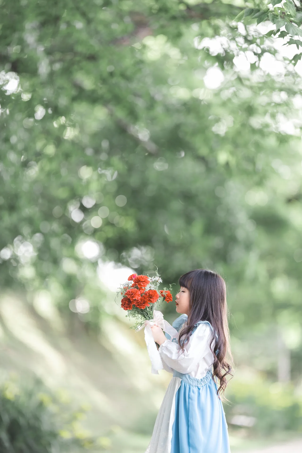 木漏れ日の中で、赤い花束を持つ女の子の写真